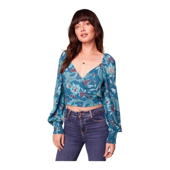 Band Of The Free NWT Sybille Flirty V Neck Wrap Front Teal Floral Crop Top Small - Picture 1 of 16